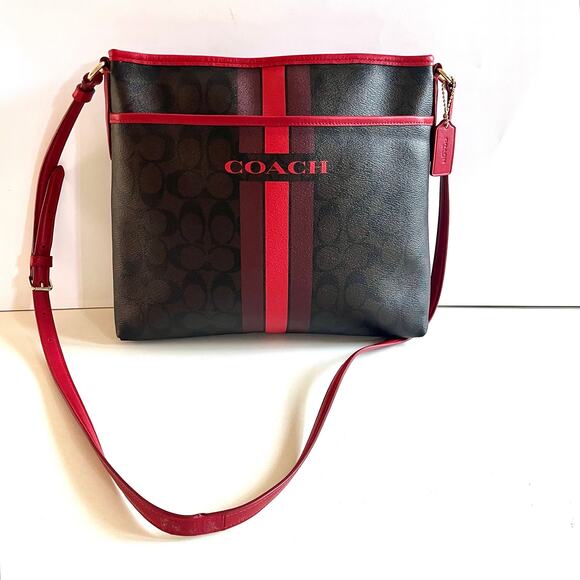 COACH Signature Leather Racing Stripe, Brown and Red, AUTHENTIC Crossbody - Picture 4 of 16